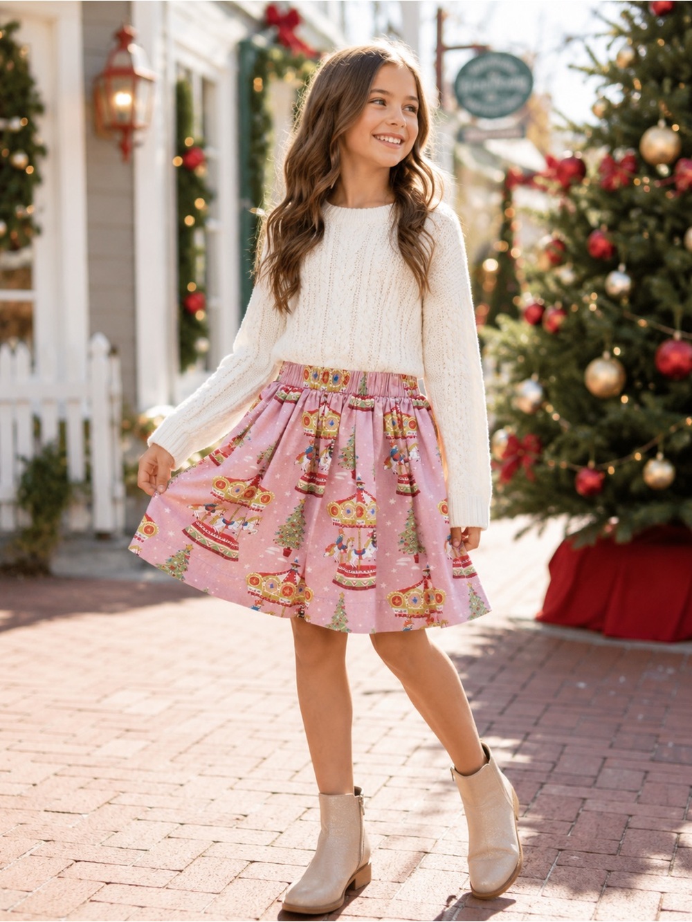Mini Boden Pink Carousel Print Christmas Tree Skirt Girls Size 9-10🎄NWT
